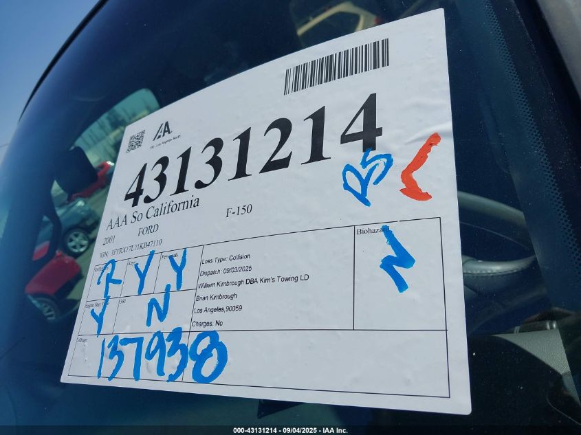 2001 Ford F-150 Lariat/Xl/Xlt VIN: 1FTRX17L71KB47110 Lot: 43131214