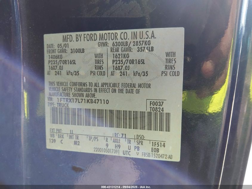 2001 Ford F-150 Lariat/Xl/Xlt VIN: 1FTRX17L71KB47110 Lot: 43131214