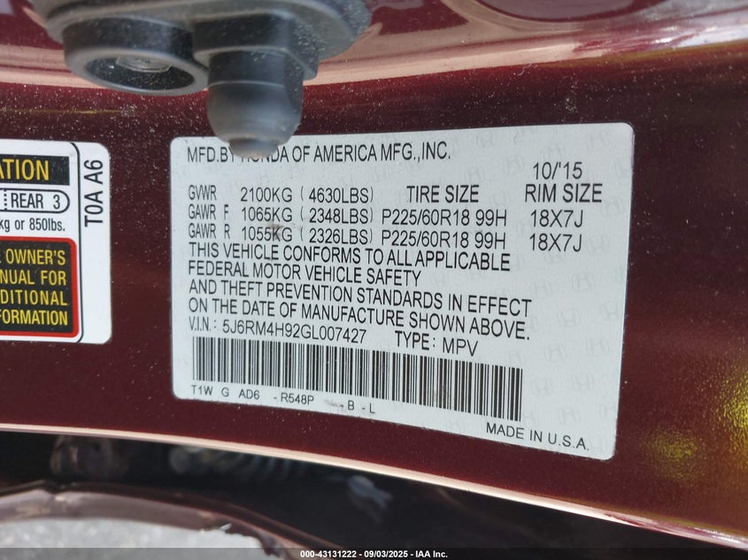 5J6RM4H92GL007427 2016 HONDA CR-V photo no. 9