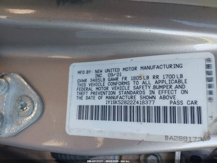 2002 Chevrolet Prizm Lsi VIN: 1Y1SK52822Z418377 Lot: 43131311