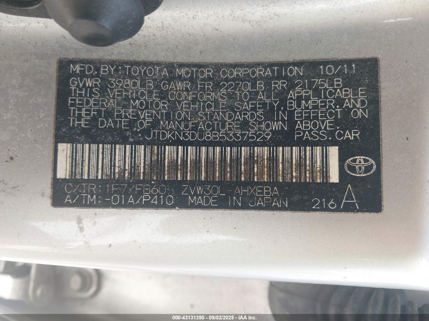 2011 Toyota Prius Three VIN: JTDKN3DU8B5337529 Lot: 43131390