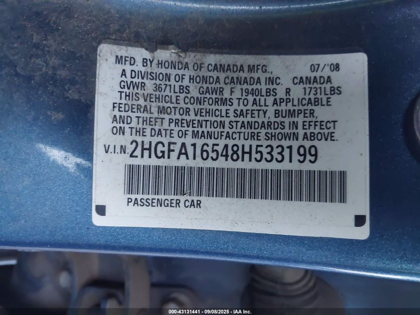 2008 Honda Civic Lx VIN: 2HGFA16548H533199 Lot: 43131441