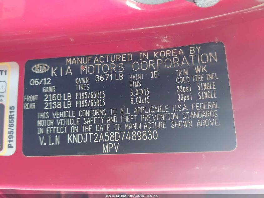 2013 Kia Soul VIN: KNDJT2A58D7489830 Lot: 43131462