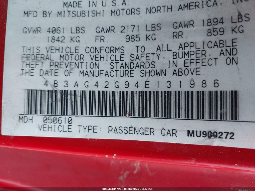 2004 Dodge Stratus Sxt VIN: 4B3AG42G94E131986 Lot: 43131723