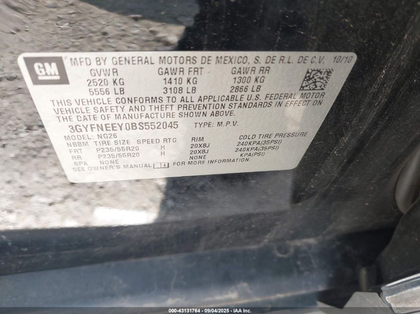 2011 Cadillac Srx Performance Collection VIN: 3GYFNEEY0BS552045 Lot: 43131764