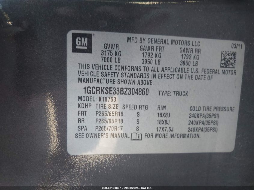 2011 Chevrolet Silverado 1500 Lt VIN: 1GCRKSE33BZ304860 Lot: 43131807