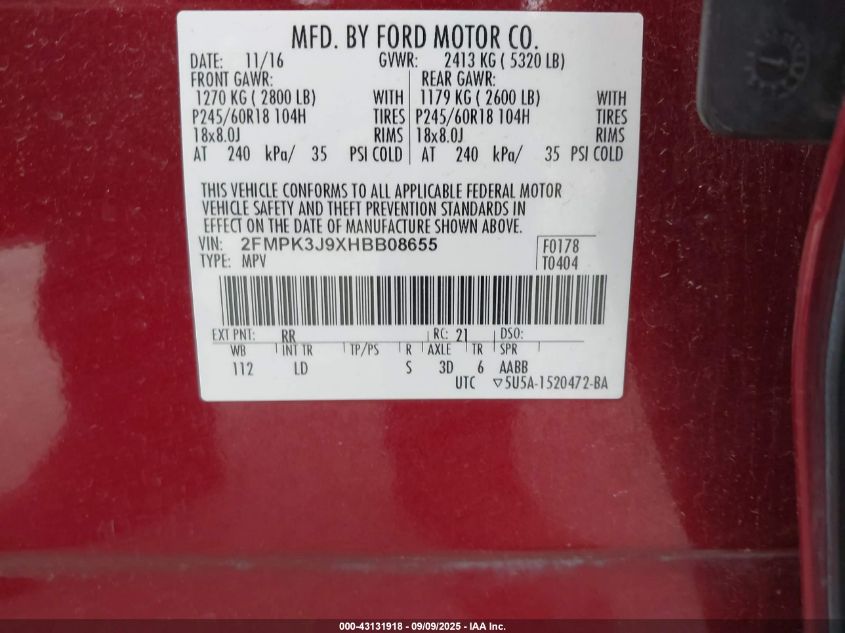 2017 Ford Edge VIN: 2FMPK3JPXHBB08655 Lot: 43131918