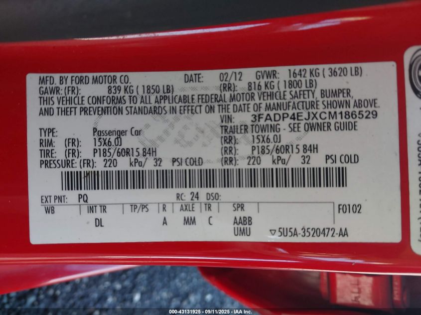 2012 Ford Fiesta Se VIN: 3FADP4EJXCM186529 Lot: 43131925