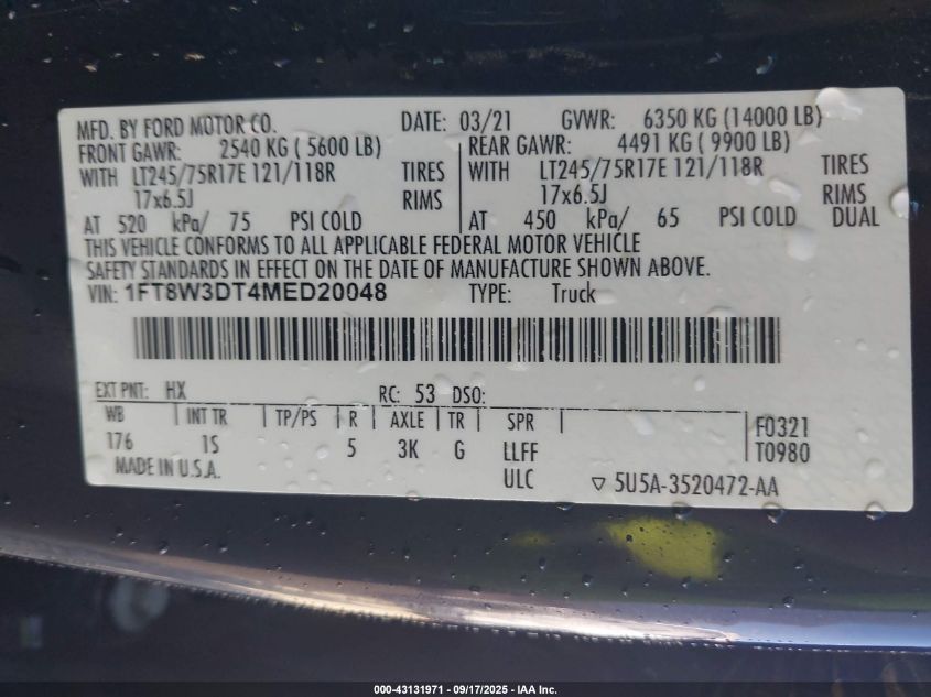 2021 Ford F-350 Xl VIN: 1FT8W3DT4MED20048 Lot: 43131971
