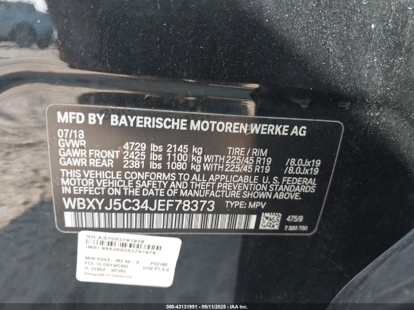 2018 BMW X2 xDrive28I VIN: WBXYJ5C34JEF78373 Lot: 43131991