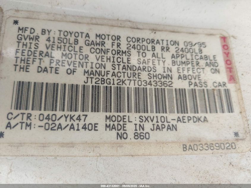 1996 Toyota Camry Dx/Le/Xle VIN: JT2BG12K7T0343362 Lot: 43132001