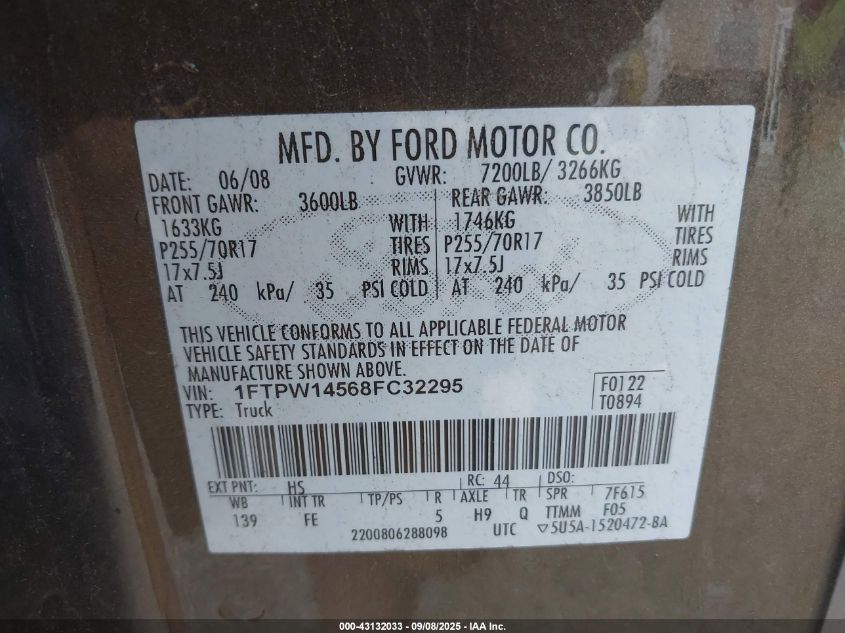 2008 Ford F-150 60Th Anniversary/Fx4/King Ranch/Lariat/Limited/Xlt VIN: 1FTPW14568FC32295 Lot: 43132033