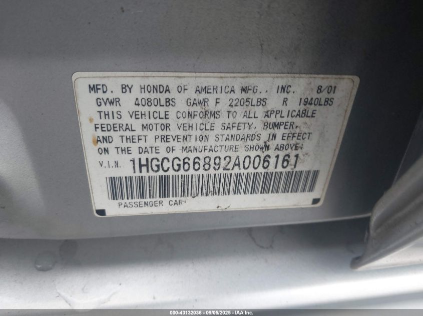 2002 Honda Accord 2.3 Ex/2.3 Se VIN: 1HGCG66892A006161 Lot: 43132036