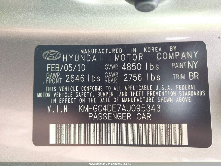 2010 Hyundai Genesis 3.8 VIN: KMHGC4DE7AU095343 Lot: 43132161