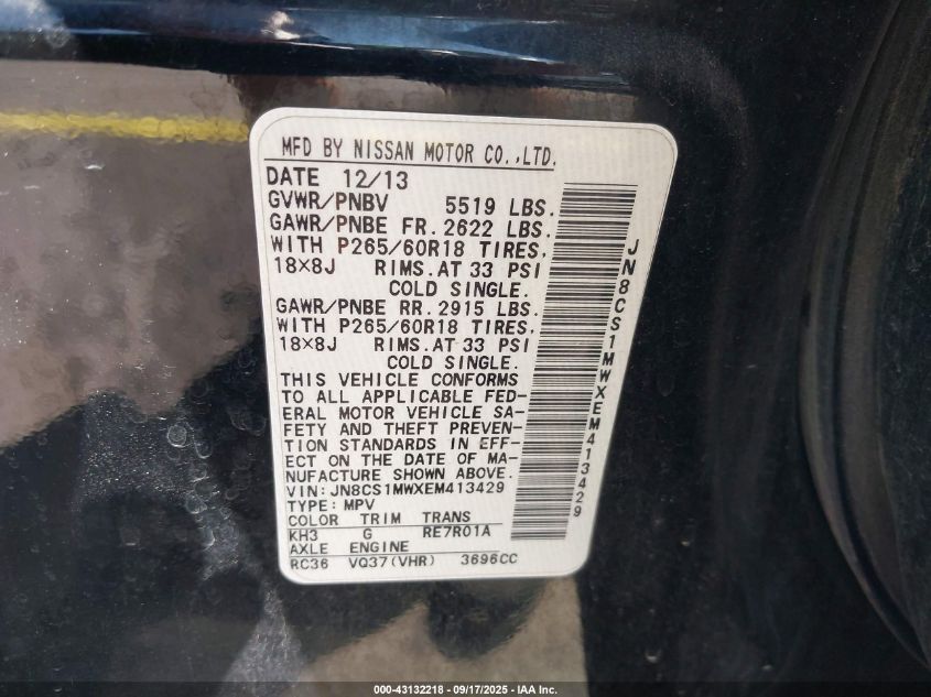 2014 Infiniti Qx70 VIN: JN8CS1MWXEM413429 Lot: 43132218