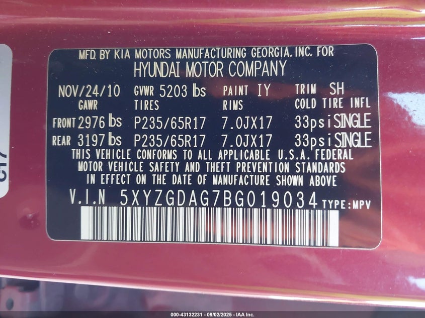 2011 Hyundai Santa Fe Gls V6 VIN: 5XYZGDAG7BG019034 Lot: 43132231