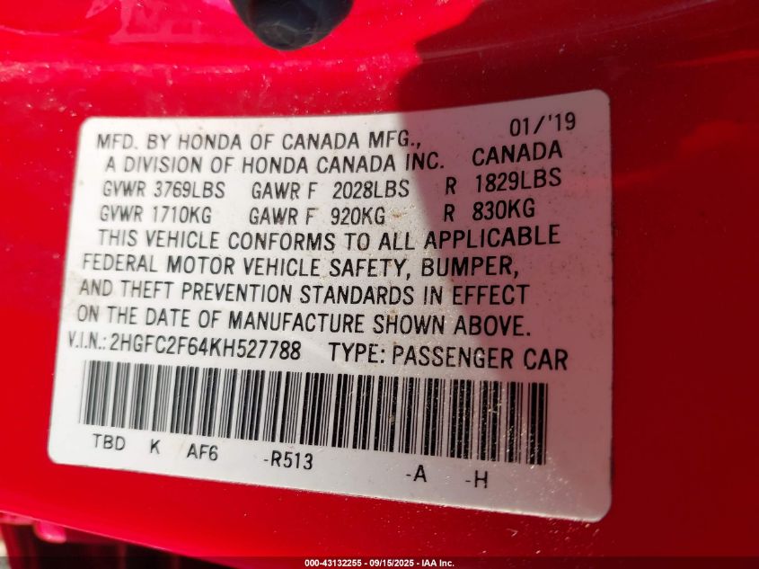 2019 Honda Civic Lx VIN: 2HGFC2F64KH527788 Lot: 43132255