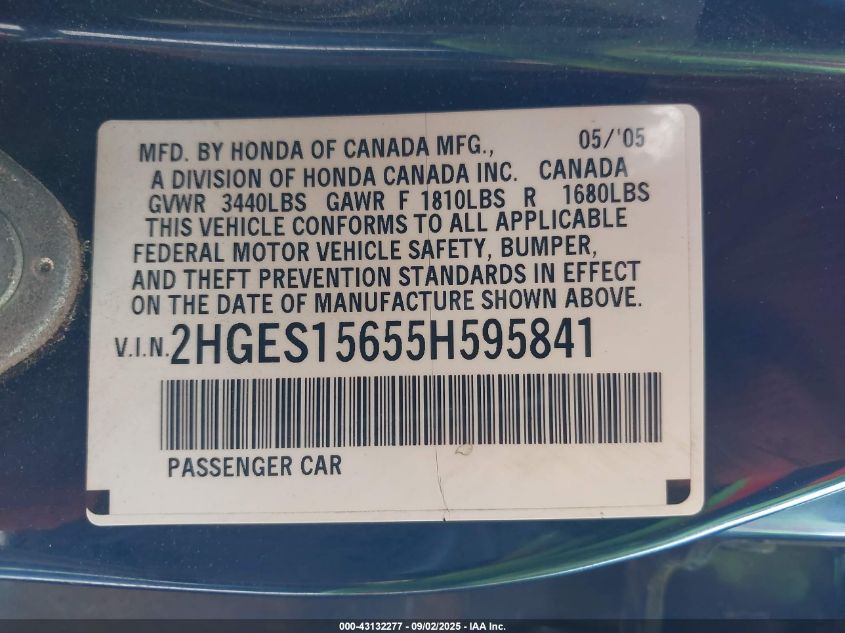2005 Honda Civic Lx VIN: 2HGES15655H595841 Lot: 43132277