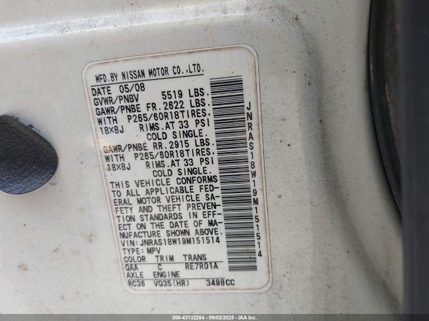 2009 Infiniti Fx35 VIN: JNRAS18W19M151514 Lot: 43132284