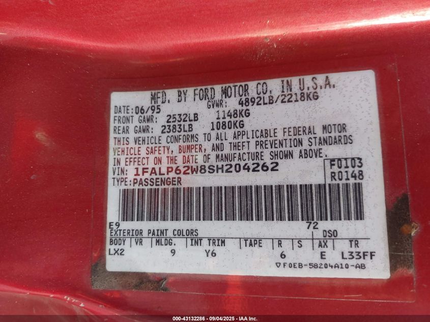 1995 Ford Thunderbird Lx VIN: 1FALP62W8SH204262 Lot: 43132286