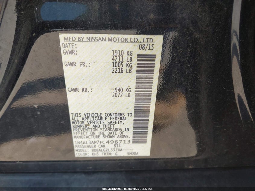 2015 NISSAN ALTIMA 2.5/2.5 S/2.5 SL/2.5 SV - 1N4AL3AP7FC496713