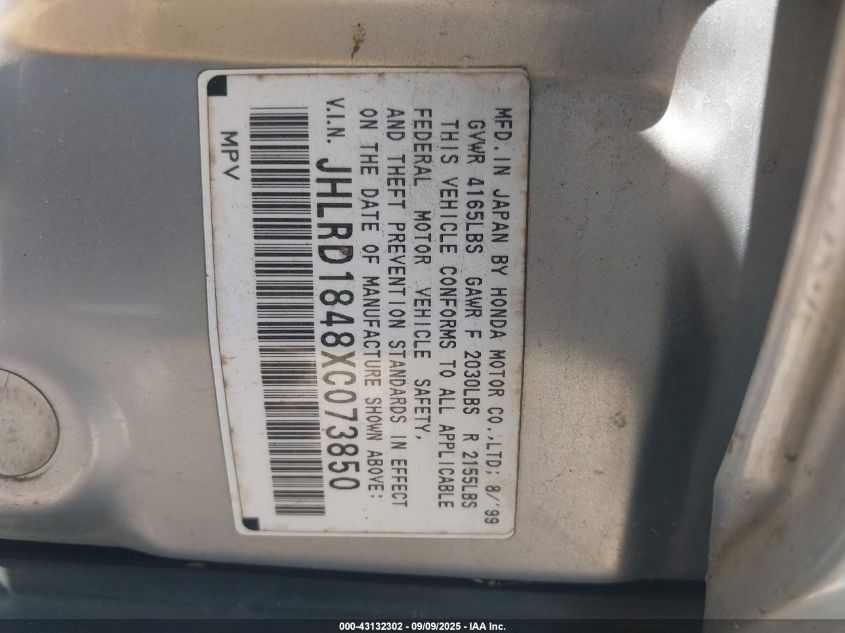 1999 Honda Cr-V Lx VIN: JHLRD1848XC073850 Lot: 43132302