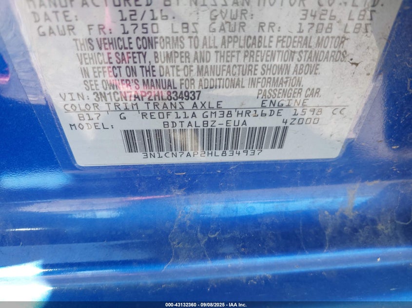 2017 NISSAN VERSA 1.6 SV - 3N1CN7AP2HL834937