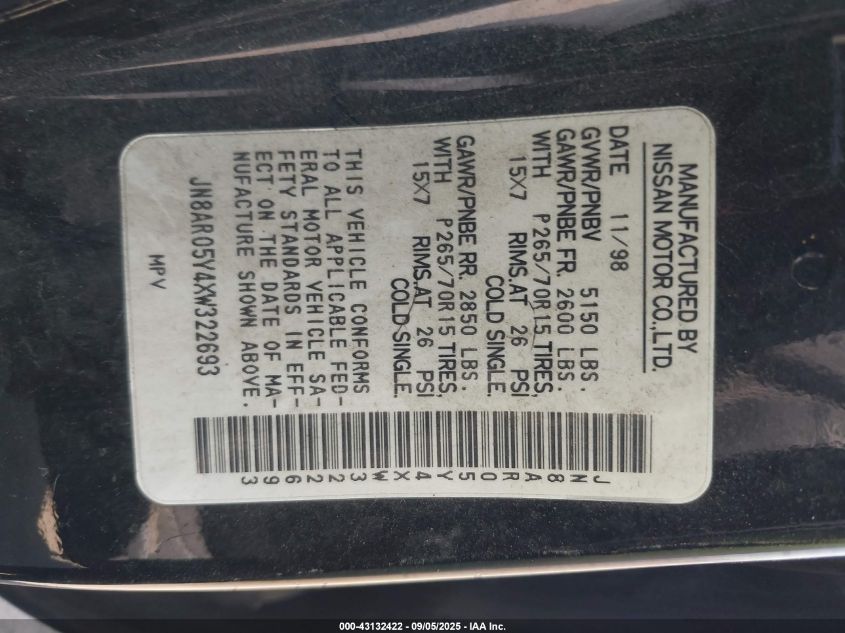 1999 Nissan Pathfinder Le/Se/Xe VIN: JN8AR05Y4XW322693 Lot: 43132422