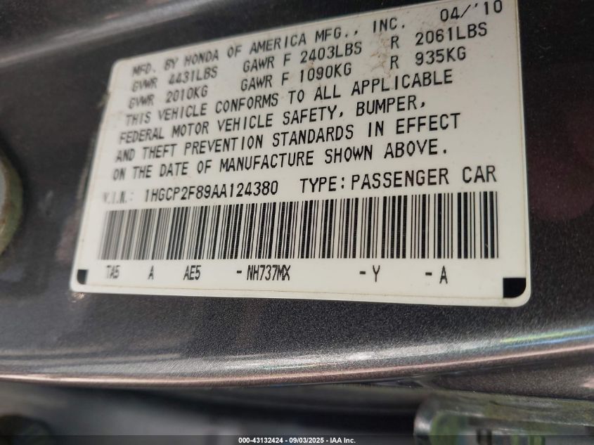 2010 Honda Accord 2.4 Ex-L VIN: 1HGCP2F89AA124380 Lot: 43132424