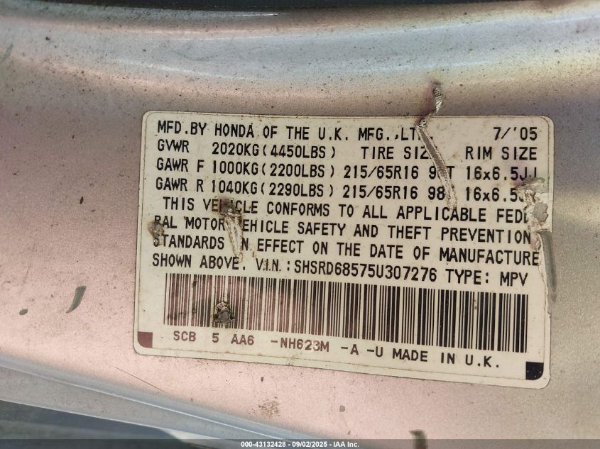 2005 Honda Cr-V Lx VIN: SHSRD68575U307276 Lot: 43132428
