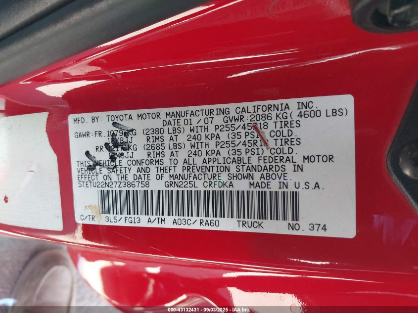 2007 Toyota Tacoma X-Runner VIN: 5TETU22N27Z386758 Lot: 43132431