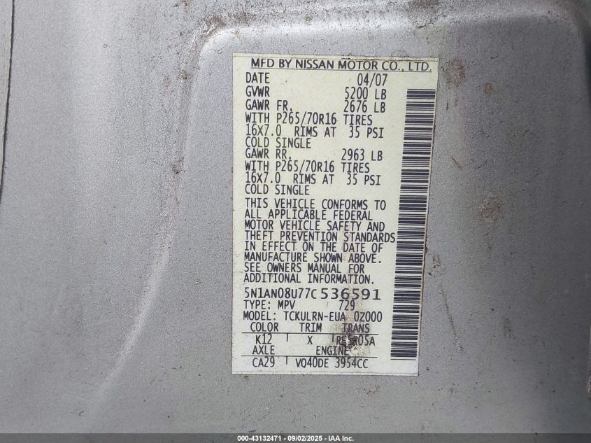 2007 Nissan Xterra S VIN: 5N1AN08U77C536591 Lot: 43132471