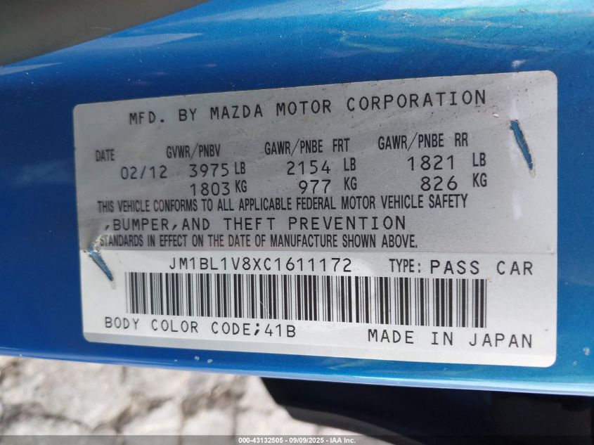 2012 Mazda Mazda3 I Touring VIN: JM1BL1V8XC1611172 Lot: 43132505