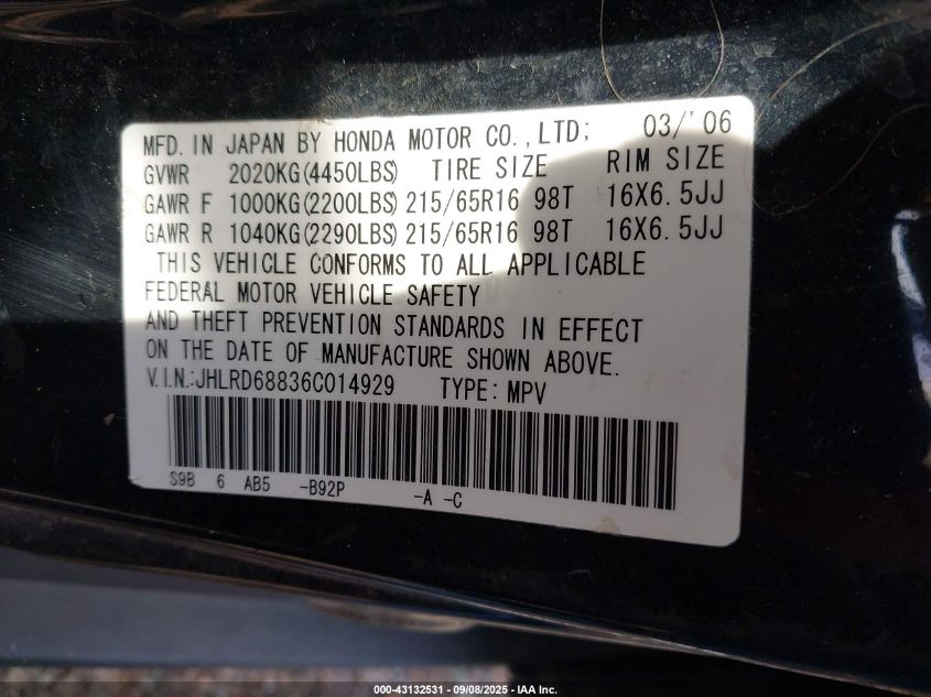 2006 Honda Cr-V Ex VIN: JHLRD68836C014929 Lot: 43132531