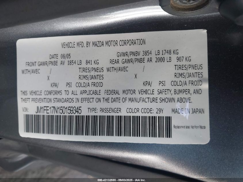 2005 Mazda Rx-8 Sport Automatic VIN: JM1FE17N150159345 Lot: 43132555