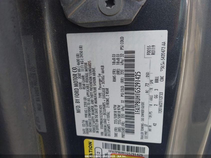 2016 Ford Mustang Ecoboost Premium VIN: 1FATP8UH1G5291425 Lot: 43132600