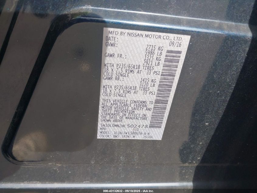 2017 Infiniti Qx60 VIN: 5N1DL0MN2HC502478 Lot: 43132632