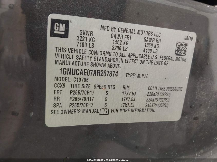 2010 Chevrolet Tahoe Ls VIN: 1GNUCAE07AR267874 Lot: 43132697