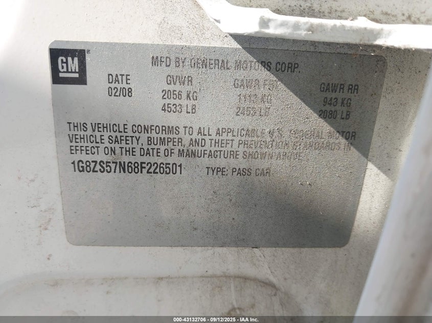 2008 Saturn Aura Xe VIN: 1G8ZS57N68F226501 Lot: 43132706