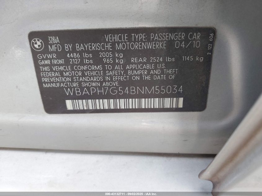 2011 BMW 328I VIN: WBAPH7G54BNM55034 Lot: 43132711