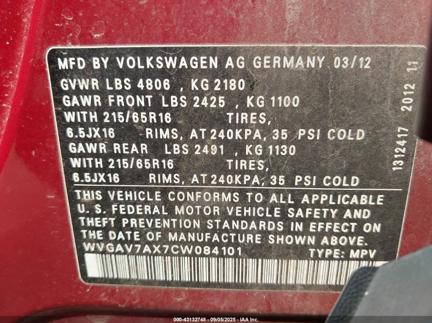2012 Volkswagen Tiguan S VIN: WVGAV7AX7CW084101 Lot: 43132748