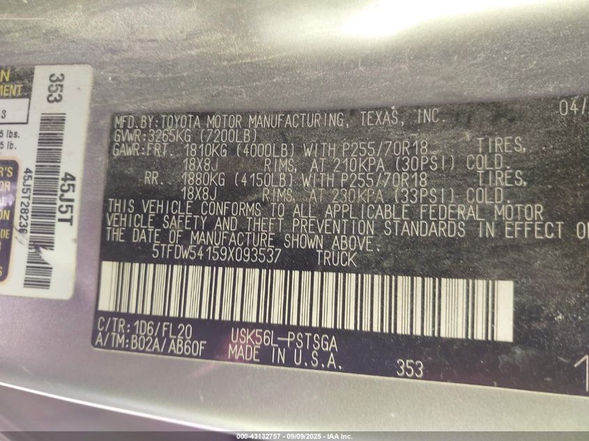 2009 Toyota Tundra Sr5 5.7L V8 VIN: 5TFDW54159X093537 Lot: 43132757