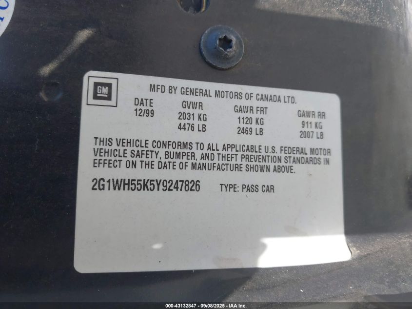 2000 Chevrolet Impala Ls VIN: 2G1WH55K5Y9247826 Lot: 43132847