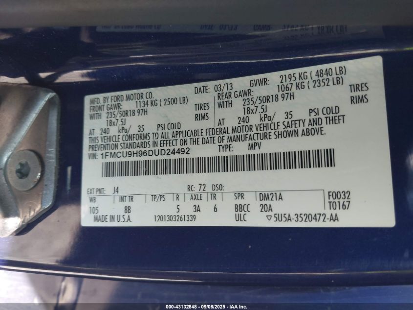 2013 Ford Escape Sel VIN: 1FMCU9H96DUD24492 Lot: 43132848