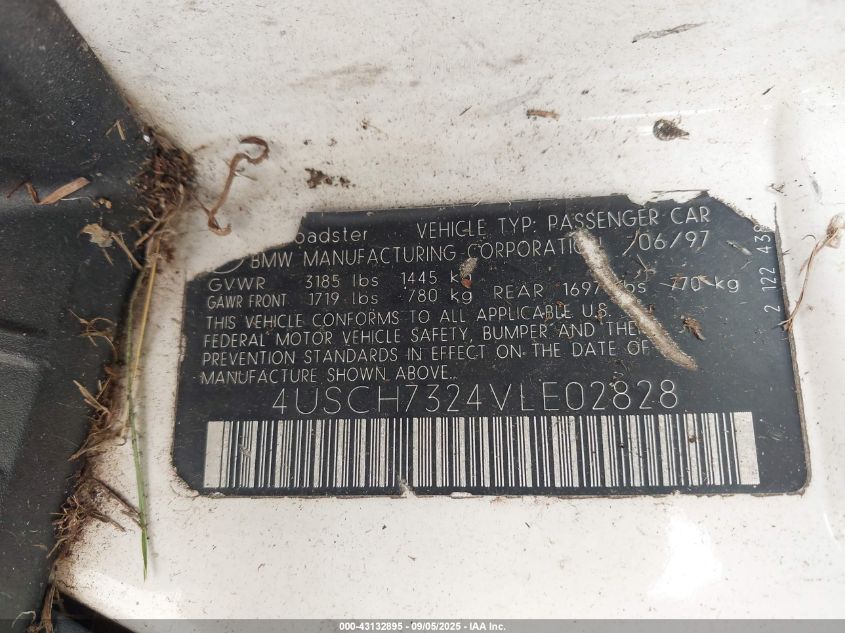 1997 BMW Z3 1.9L Roadster VIN: 4USCH7324VLE02828 Lot: 43132895
