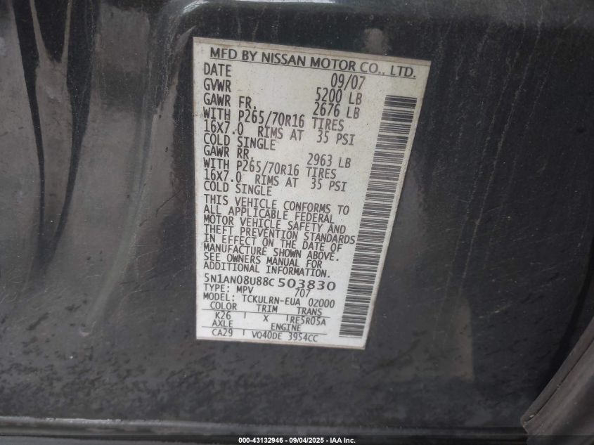 2008 Nissan Xterra S VIN: 5N1AN08U88C503830 Lot: 43132946