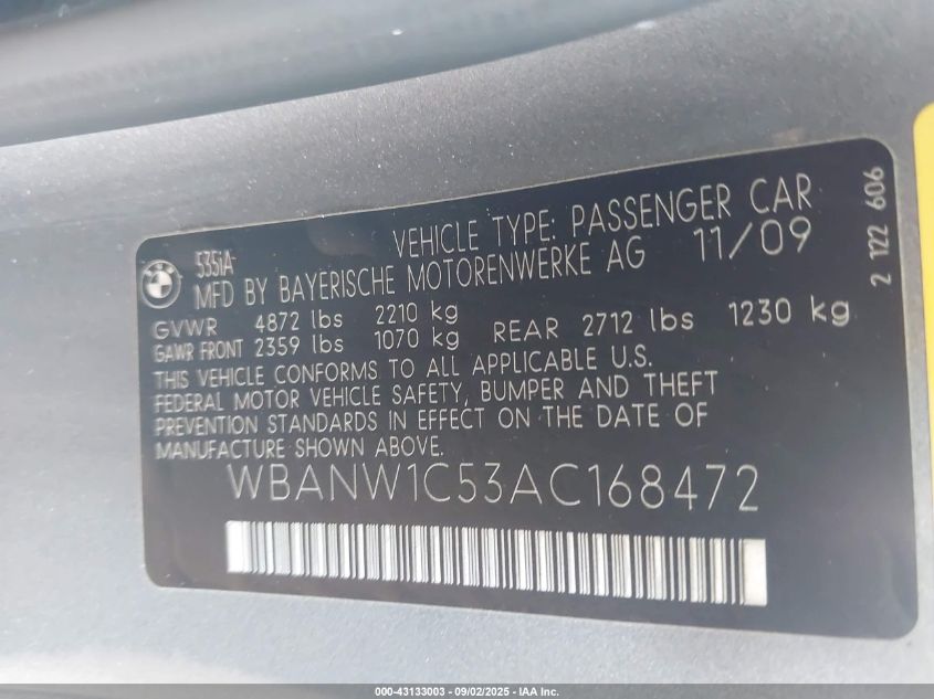 2010 BMW 535I VIN: WBANW1C53AC168472 Lot: 43133003