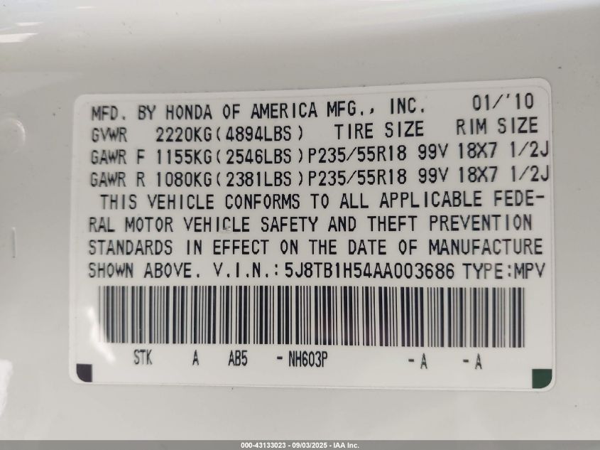 2010 Acura Rdx VIN: 5J8TB1H54AA003686 Lot: 43133023