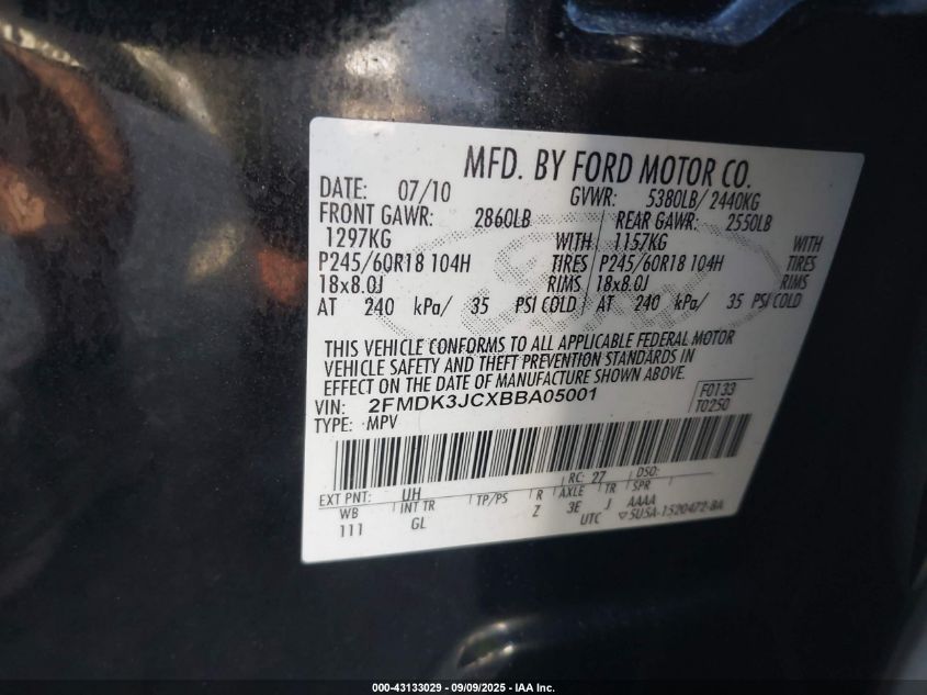 2011 Ford Edge Sel VIN: 2FMDK3JCXBBA05001 Lot: 43133029