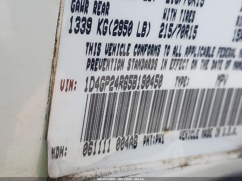 2005 Dodge Grand Caravan Se VIN: 1D4GP24R65B190450 Lot: 43133093